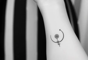 Small black and white tattoo waxing crescent moon with small Daisy birth flower and tiny Leo gliph tattoo idea