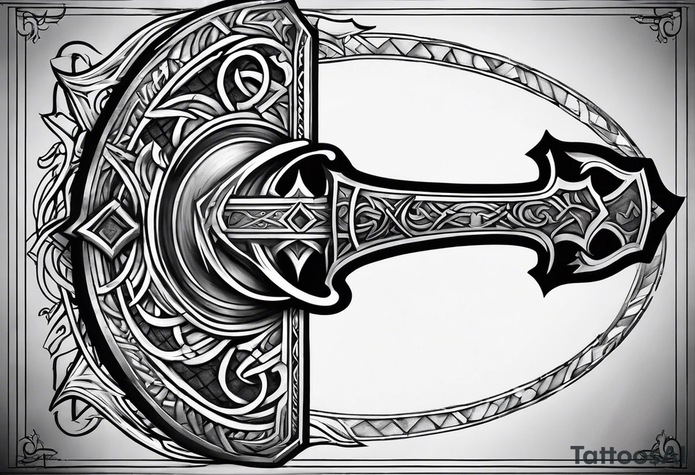 Valhalla sword shield axe mist tattoo idea