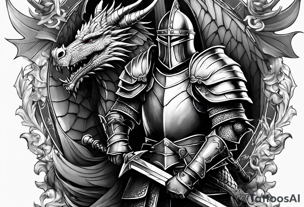 knight in armor, dragon, castle tattoo idea