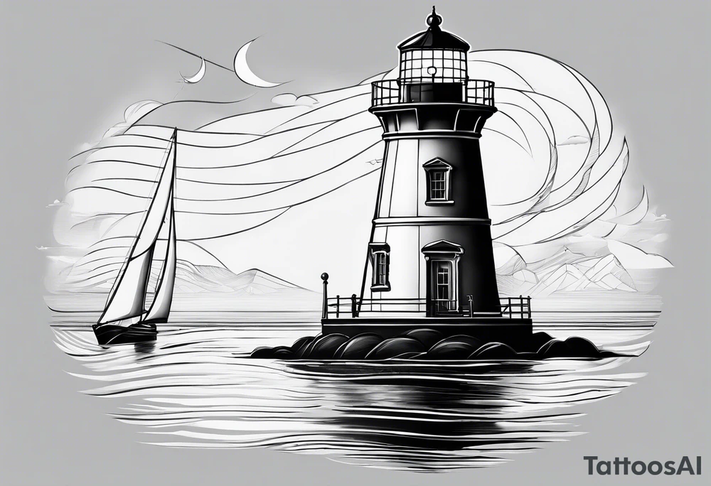 maritime lighthouse in a front view sailboat serving as a mast for a sail. tattoo idea