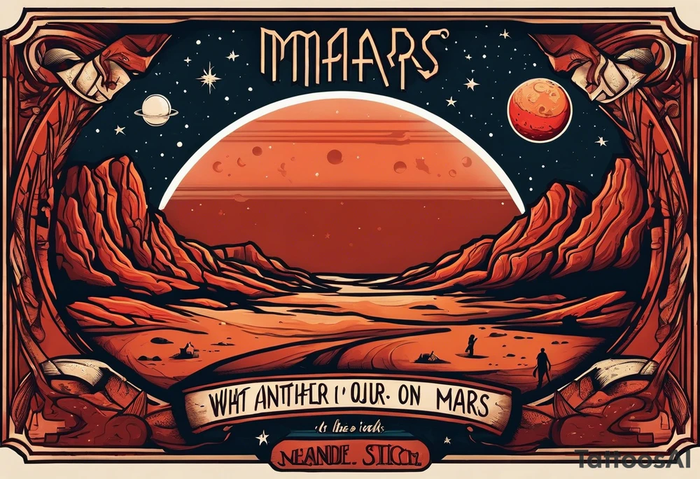 the planet mars with two stick figures holding hands on top of it, with the words "what's another night on mars, with friends like ours?" in a banner across tattoo idea