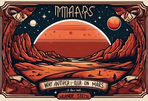 the planet mars with two stick figures holding hands on top of it, with the words "what's another night on mars, with friends like ours?" in a banner across tattoo idea