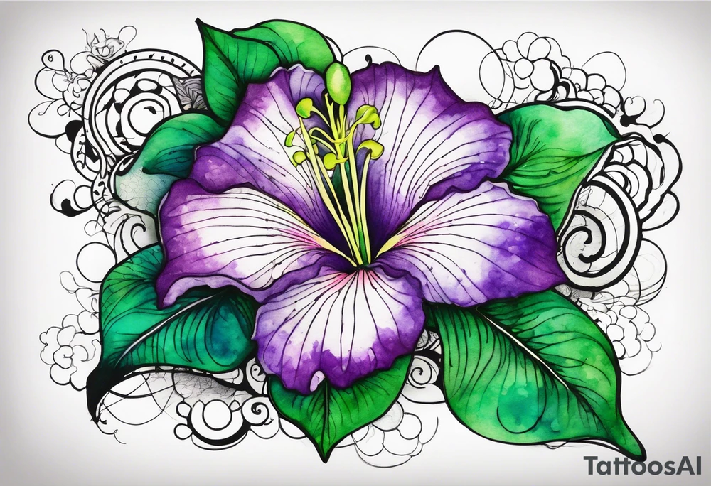 A mystical outline of a green and purple rio dipladenia flower and a green and purple watercolor splash in the background tattoo idea