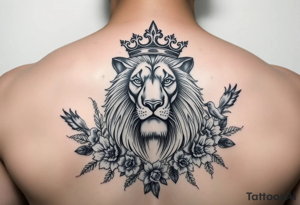 powerful majestic lion with a crown, surrounded by floral ornaments and birds tattoo idea