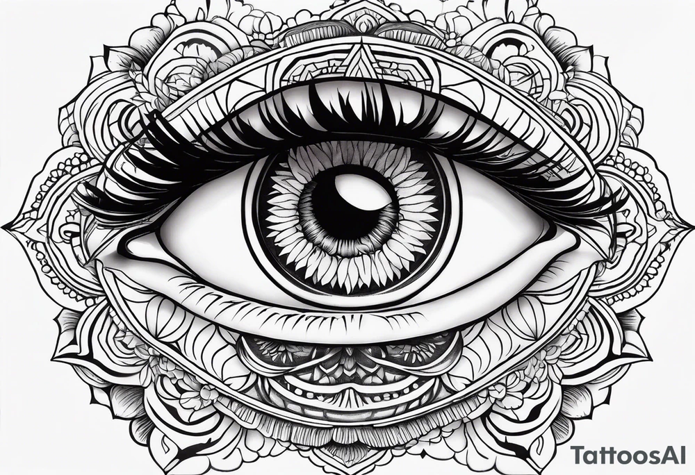 Mandala design with realistic woman’s eye in the center tattoo idea