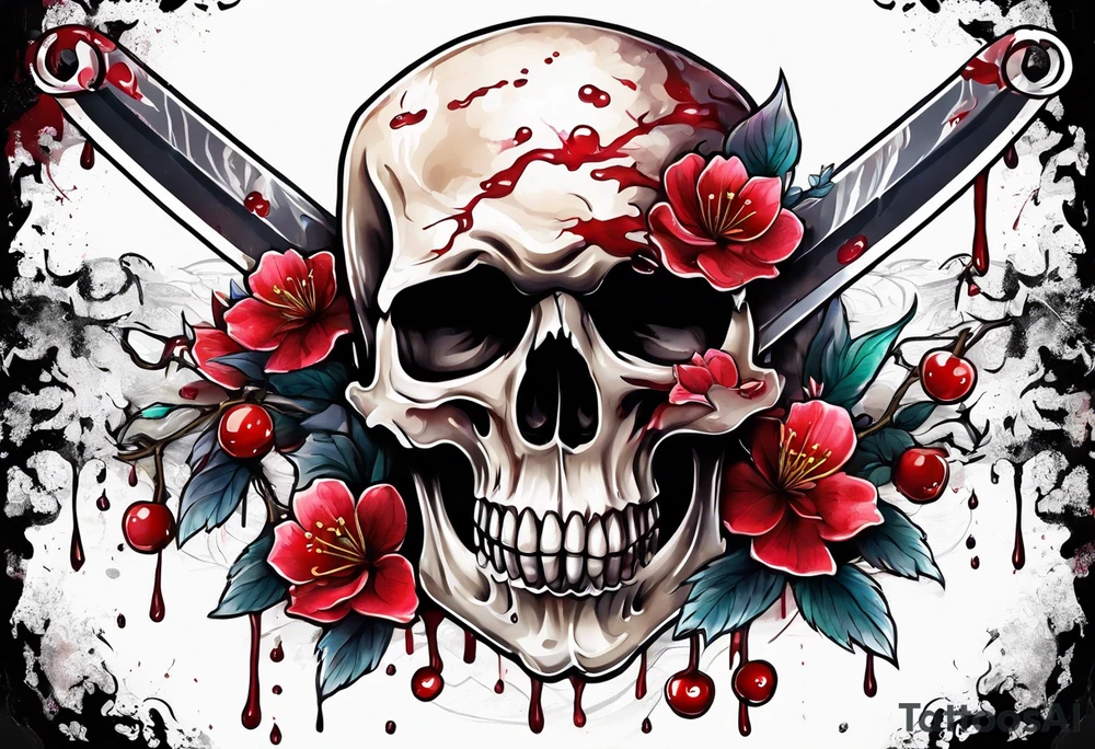 Bloody sword in a skull with cherry blossomdripping tattoo idea