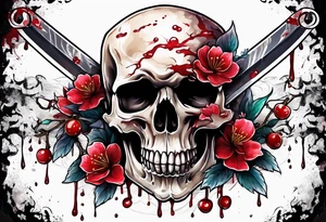 Bloody sword in a skull with cherry blossomdripping tattoo idea