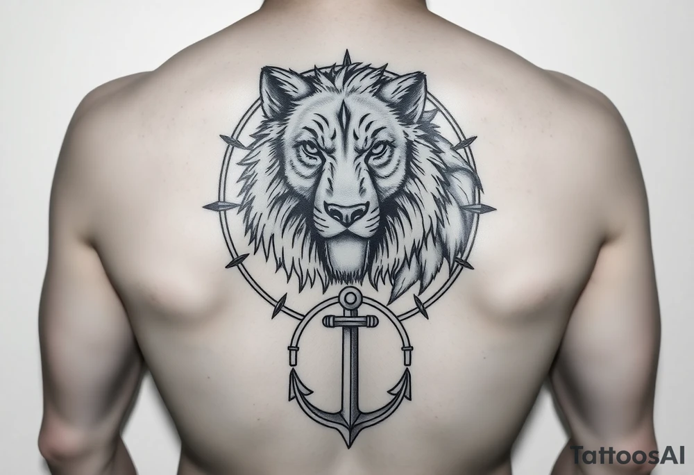 wolf bear lion surrounded by a compass with a small anchor on bottom. for sleeve tattoo idea