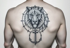 wolf bear lion surrounded by a compass with a small anchor on bottom. for sleeve tattoo idea