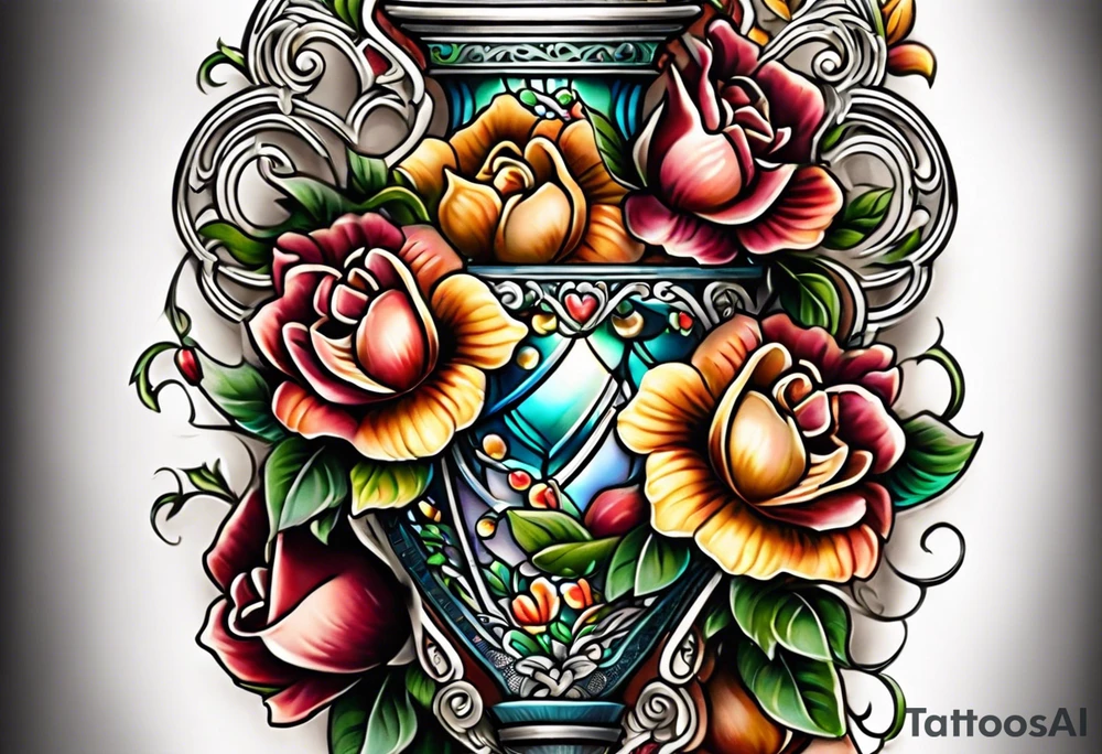 Floral leg piece with beading and lace tattoo idea. colorful, old school flowers, highly detailed, florals. white background. beautiful hourglass at the center, intricate highly detailed, tattoo idea