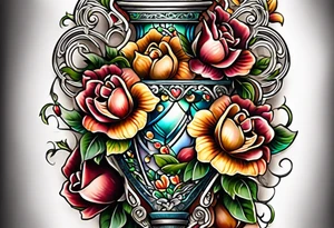 Floral leg piece with beading and lace tattoo idea. colorful, old school flowers, highly detailed, florals. white background. beautiful hourglass at the center, intricate highly detailed, tattoo idea