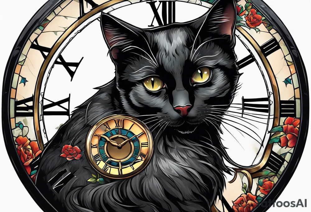 Black cat with a broken clock tattoo idea