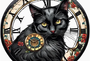 Black cat with a broken clock tattoo idea
