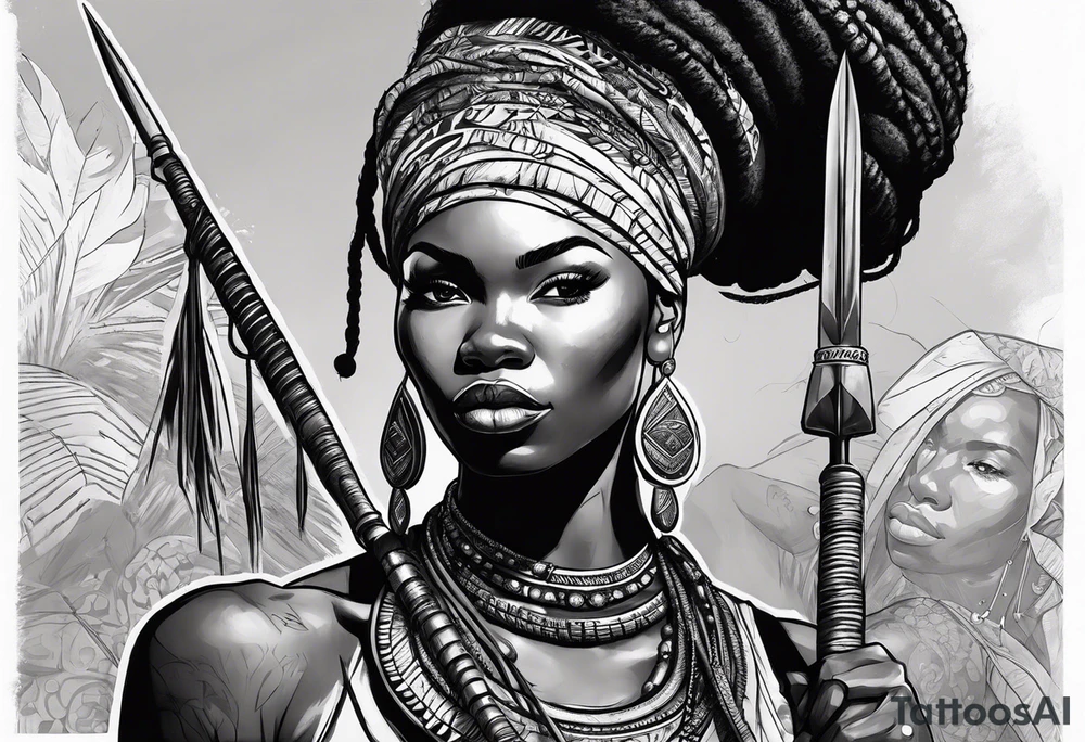 African woman warrior holding spear with deadlocks and earrings. With African setting in the background tattoo idea
