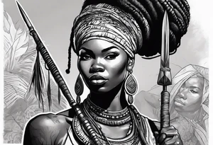 African woman warrior holding spear with deadlocks and earrings. With African setting in the background tattoo idea