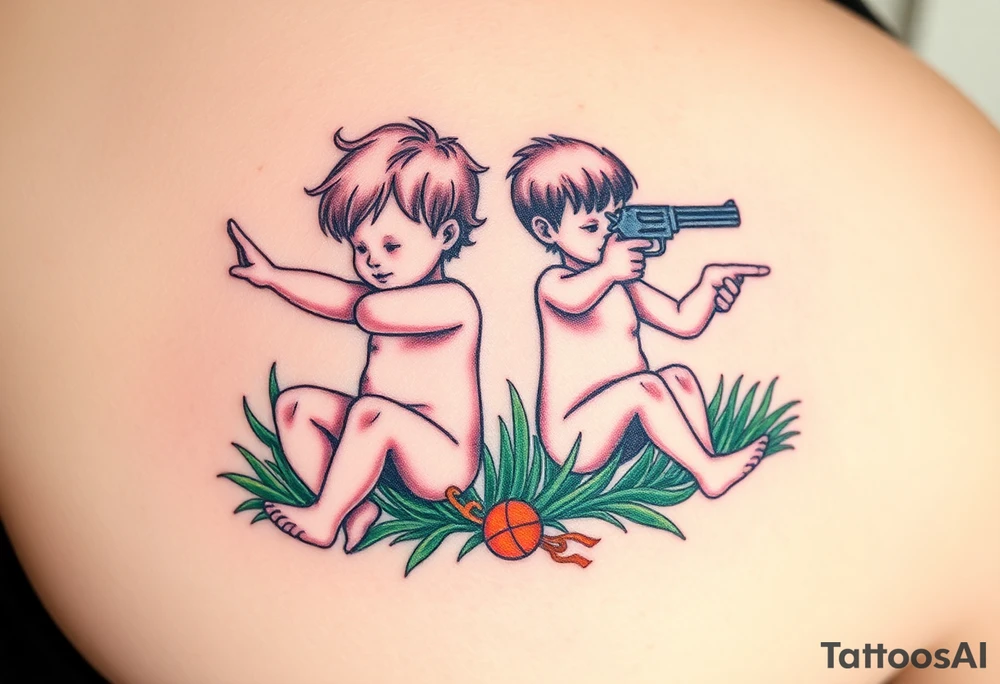 Due bambini, in stile realistico, colorato, seduti sull'erba, divisi da un muro di mattoni, uno piange mentre gioca con la palla, l'altro ride mentre si spara in bocca con la pistola dentro la bocca tattoo idea
