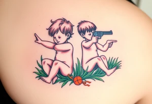 Due bambini, in stile realistico, colorato, seduti sull'erba, divisi da un muro di mattoni, uno piange mentre gioca con la palla, l'altro ride mentre si spara in bocca con la pistola dentro la bocca tattoo idea