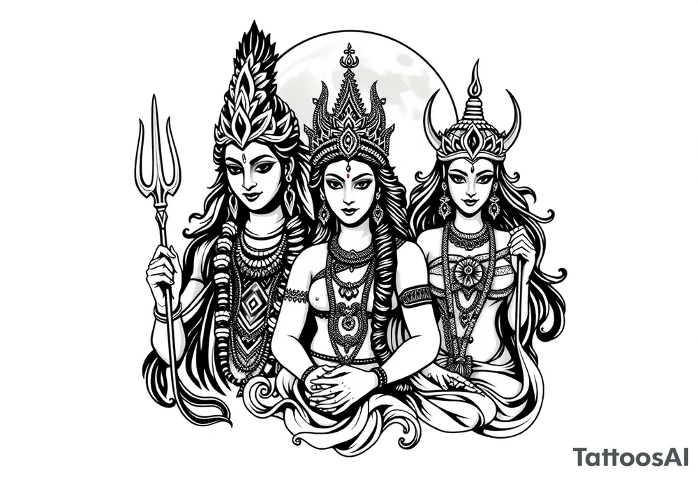 Lord Shiva, Godess Kali, Godess Lilith Together with the moon in the background tattoo idea