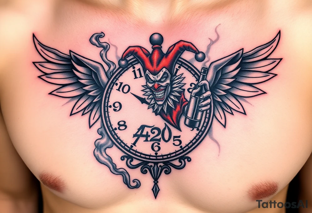 a evil jester clown floating in smoke with a  clock, the time says 420,  with two open wings besides the clock, smoke as the spring rising from the clock, a jester clown coming out the smoke, smoking in one hand with a liquor bottle on the other hand tattoo idea