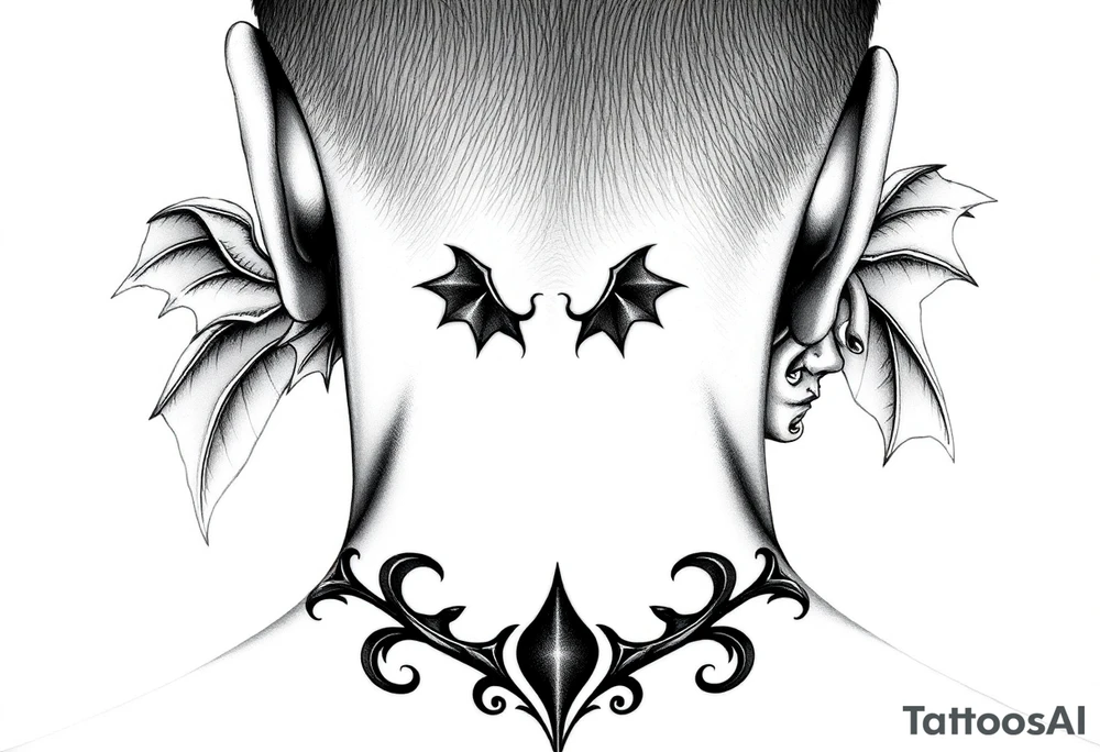 position behind the neck Angel (on the right) whispering in the right ear, demon (on the left) whispering in the left ear. It must be as realistic as possible. tattoo idea