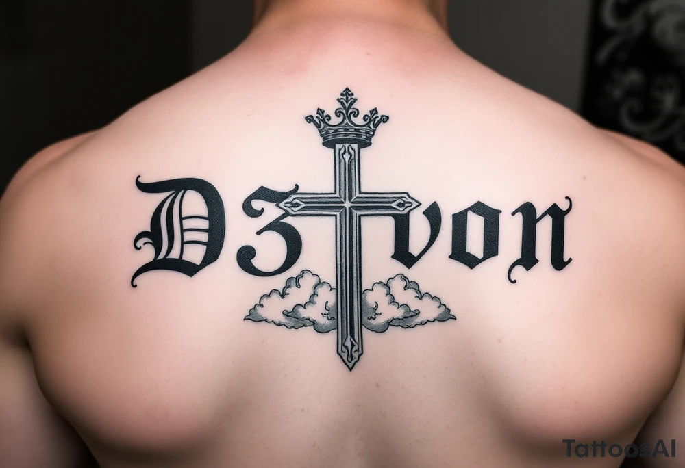 Name D3von with a cross behind it and clouds on the bottom of the cross and a crown on top of cross tattoo idea