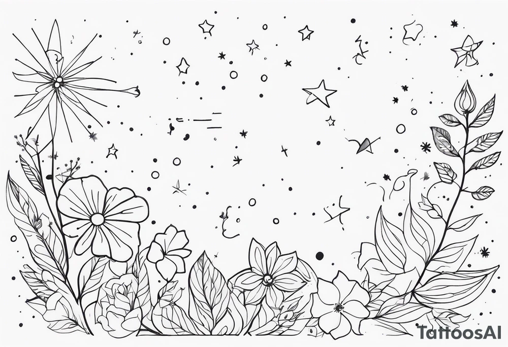 fine line with stars, floral, dots tattoo idea