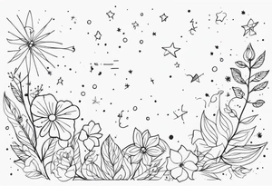 fine line with stars, floral, dots tattoo idea