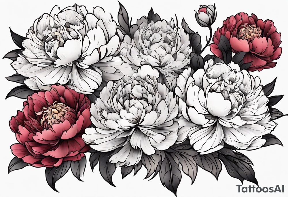 Shoulder and forearm tattoo for woman. Japanese style peony flowers bunch with stems extended to the forearm. Lightly coloured. Thin lines. Add long stems tattoo idea