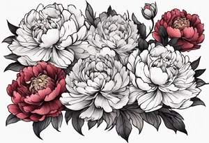 Shoulder and forearm tattoo for woman. Japanese style peony flowers bunch with stems extended to the forearm. Lightly coloured. Thin lines. Add long stems tattoo idea