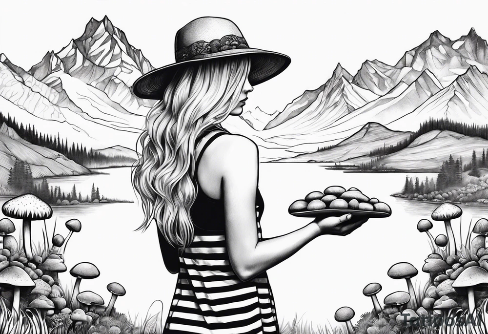 Straight blonde hair girl holding mushrooms in hand facing away toward mountains surrounded by mushrooms circular design black and white striped dress tattoo idea