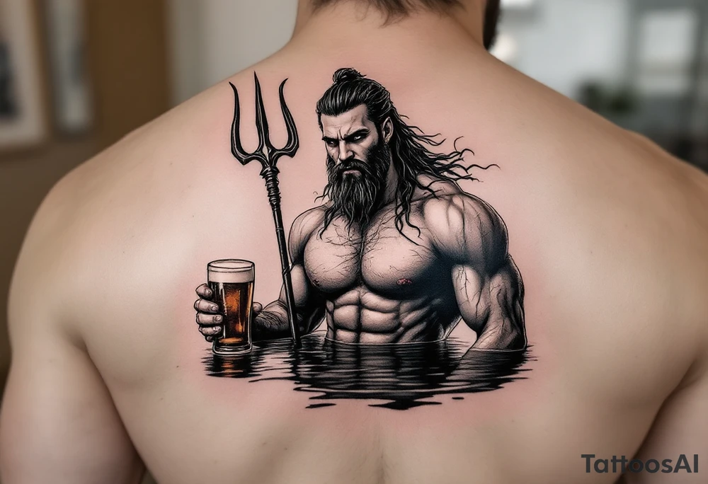 fit poseidon, with a trident, in calm water, holding a beer tattoo idea