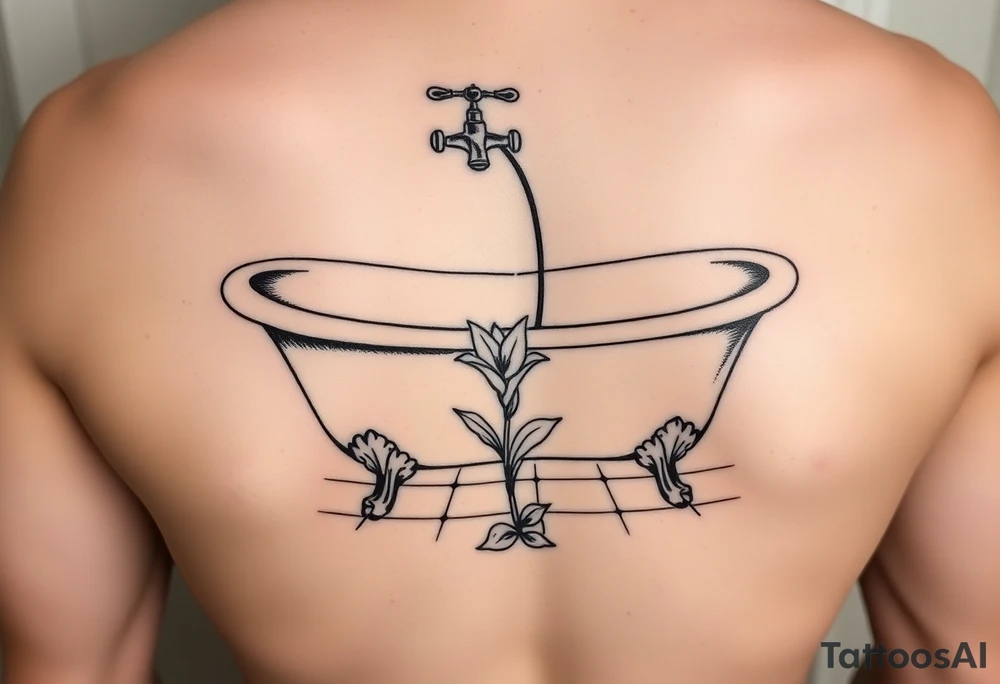 clawfoot bathtub with simple faucet and lily coming up out of the tile floor tattoo idea