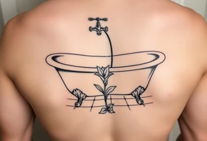 clawfoot bathtub with simple faucet and lily coming up out of the tile floor tattoo idea