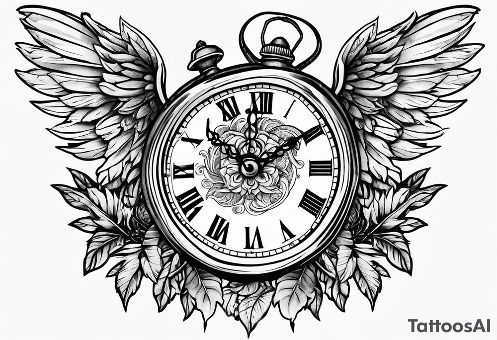 skeleton key wings clock leaves tattoo idea