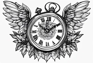 skeleton key wings clock leaves tattoo idea
