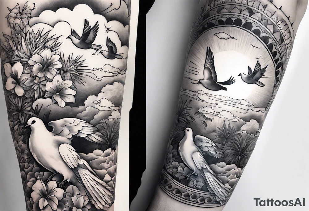 arm sleeve, clouds, dove, sun, flowers, palm trees, tattoo idea arm sleeve, clouds, dove, sun, flowers, palm trees, tattoo idea