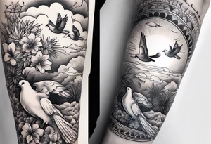 arm sleeve, clouds, dove, sun, flowers, palm trees, tattoo idea