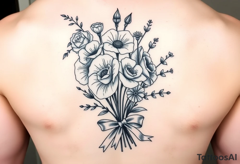 black and white tattoo with a bouquet of hollyhocks, one wild rose, and two wild flowers. Put a stethoscope along side seperately from the bouquet. Include three names among the flowers: June Etta, Roxy, and Rosalie. make the bouquet have a ribbon bow towards the bottom holding the flowers like they had just been picked from the garden tattoo idea