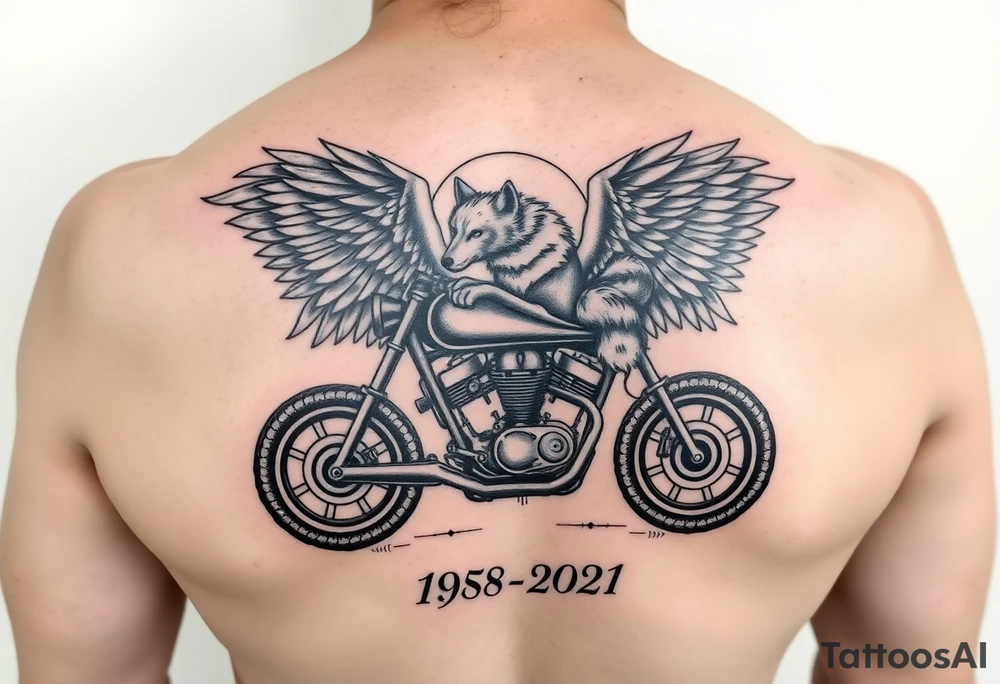the year 1958 - 2021 with a motorcycle on it with guardian angel wolves tattoo idea