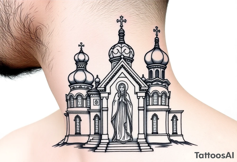 medium sized Russian orthodox church with bulb domes with a prominent russian orthodox style virgin mary stood tattoo idea