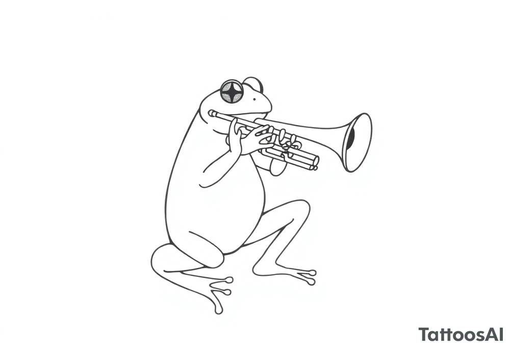 Draw a single continuous line drawing of a frog playing a trumpet, where the entire image is created using only one unbroken black line, with no lifting of the pen and no separate lines. The line must flow smoothly and clearly form the frog and trumpet in a Picasso-inspired, minimalist style. The frog should be easily recognizable, in a jazzy or playful pose, holding and playing the trumpet. No shading, no extra strokes, no background — just one elegant, fluid, uninterrupted line on a white canvas. tattoo idea
