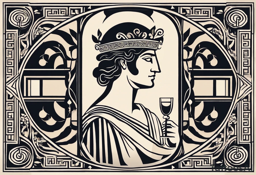 "Craft a minimalist tattoo design in the style of ancient Greek art, featuring Dionysus with his affection for theater. Depict Dionysus in a simplified yet elegant form, reminiscent of classical Greek sculpture, holding a theatrical mask and a goblet of wine. Surround him with subtle geometric patterns or motifs inspired by ancient Greek pottery, such as meanders or key patterns. Ensure the design maintains a minimalist aesthetic while incorporating elements that evoke the sophistication and timelessness of Greek art, capturing Dionysus's connection to both wine and theater in a visually striking manner." tattoo idea