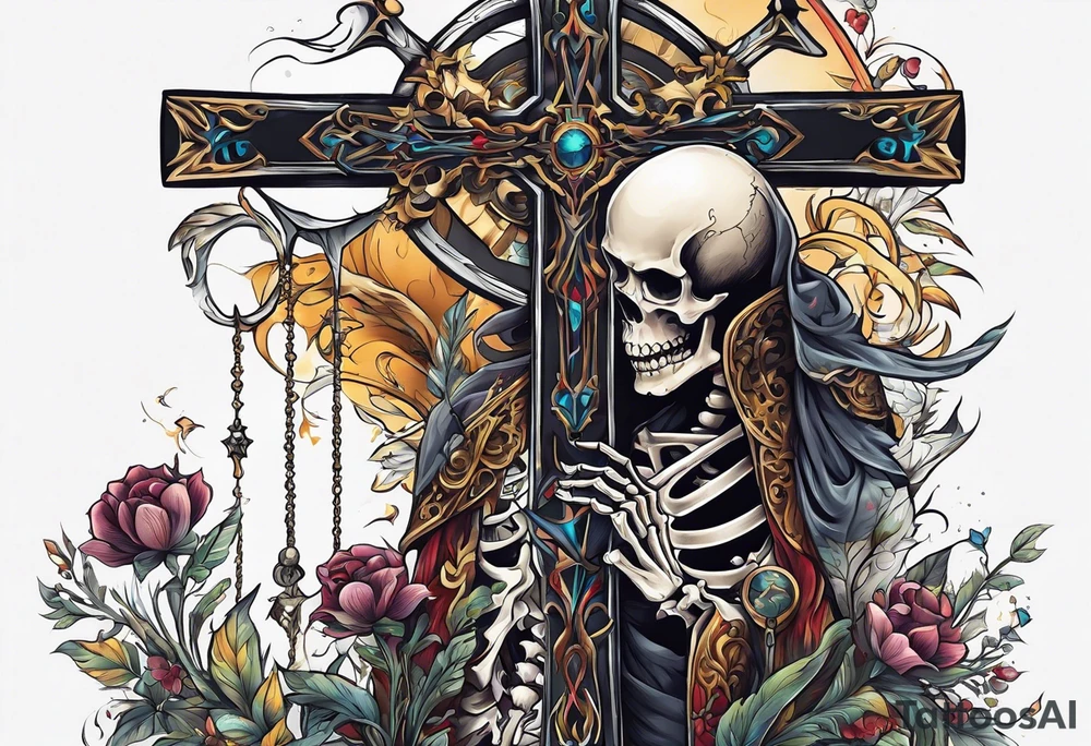 skeleton walking with a cross tattoo idea
