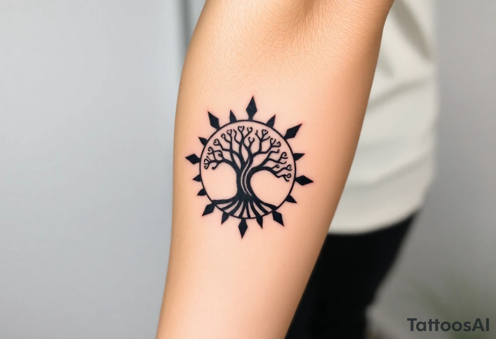 Tree encircled in a spiral sun or circle tattoo idea