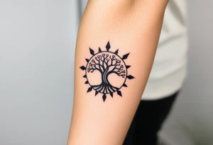 Tree encircled in a spiral sun or circle tattoo idea