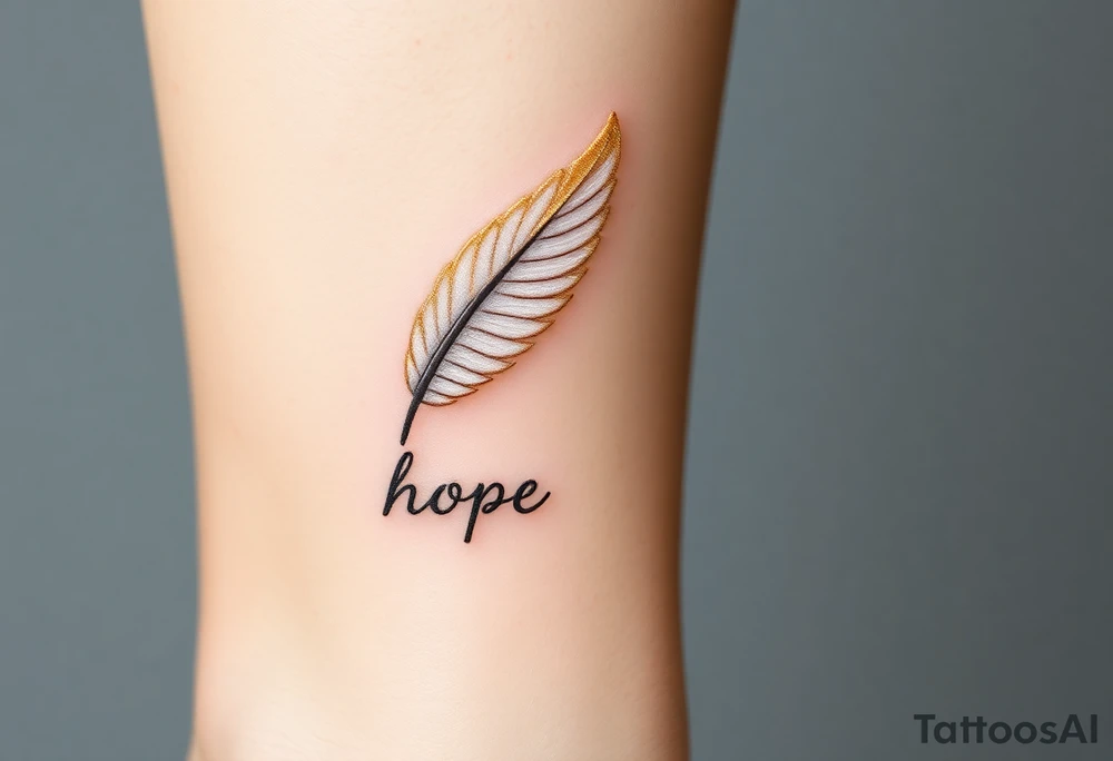 An angel’s feather in soft white with golden tips and word "hope" tattoo idea