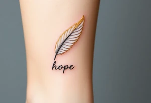 An angel’s feather in soft white with golden tips and word "hope" tattoo idea