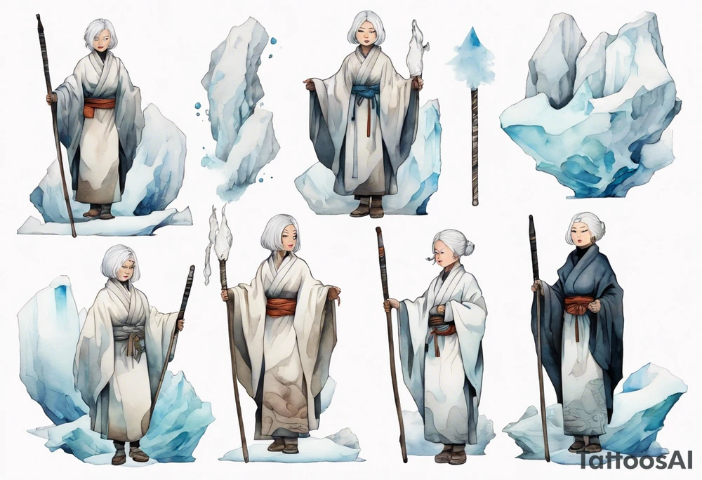 a 40 year old Inuit woman with white hair and a white robe holding a plain white staff, standing on an iceberg tattoo idea