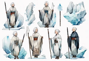 a 40 year old Inuit woman with white hair and a white robe holding a plain white staff, standing on an iceberg tattoo idea