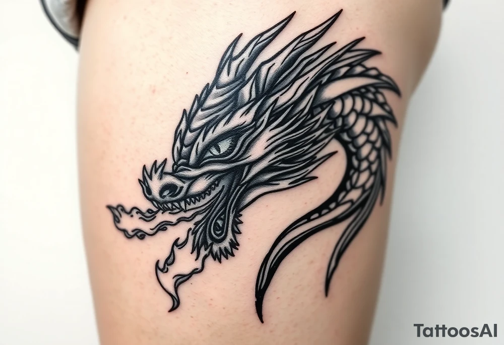 fierce dragon head breathing iridescent fire tattoo idea